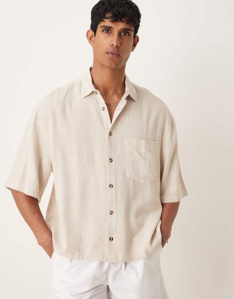 ASOS DESIGN premium linen blend boxy oversized shirt with chest embroidery in beige