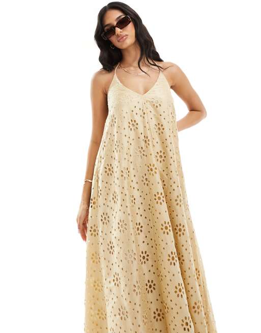 ASOS DESIGN Premium – Beżowa sukienka maxi z haftem angielskim, 3 z 4
