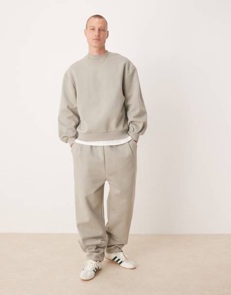 ASOS DESIGN premium heavyweight wide leg jogger with pinched hem and pleats in beige