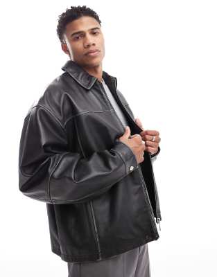 ASOS DESIGN - Blouson Harrington de qualité supérieure en cuir véritable - Noir