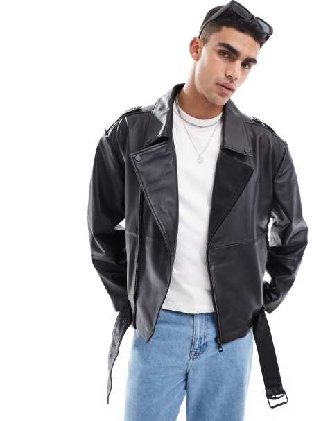 ASOS DESIGN Premium - Blouson style motard oversize en cuir véritable - Noir - view 1