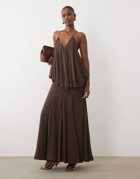 ASOS DESIGN premium blouson waist cami maxi dress with godets in chocolate - view 1