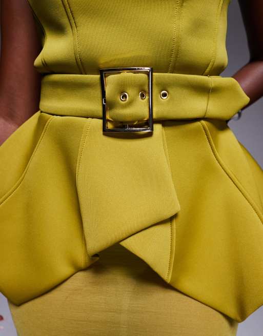 ASOS DESIGN premium scuba bodice maxi dress with cinched belt detail and sheer skirt in green