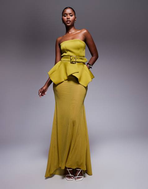 ASOS DESIGN Premium bodice maxi dress with cinched belt detail and sheer skirt in green scuba-style fabric - view 1