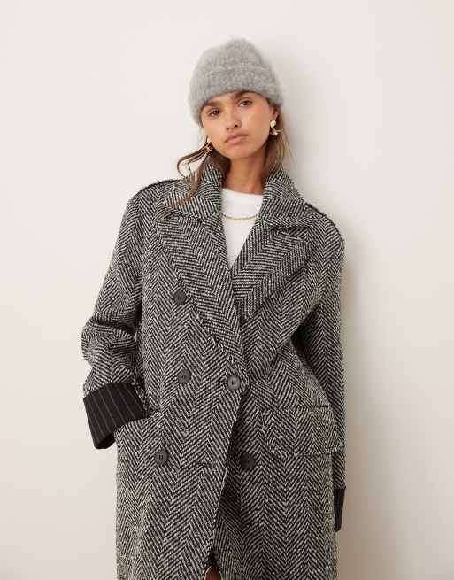 ASOS store DESIGN herringbone belted coat in black and white UK 4