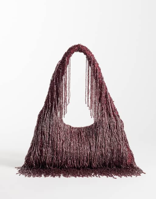 ASOS DESIGN Premium – Bordowa zdobiona torebka na ramię z frędzlami, 4 z 4