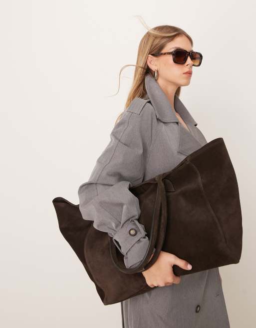 ASOS DESIGN Premium - Borsa shopping premium in camoscio rigenerato color cioccolato