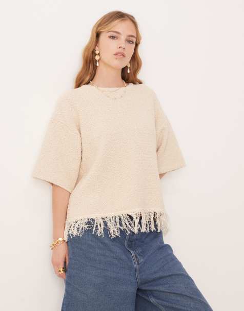 ASOS DESIGN premium boucle t-shirt with fringe hem in cream - view 1
