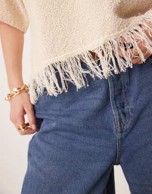 Asos Design Premium Boucle T-shirt With Fringe Hem In Neutral