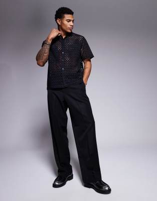 Asos Design Premium Boxy Oversized Eyelet Shirt In Black