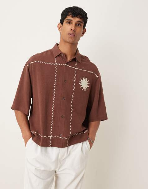 ASOS DESIGN premium boxy oversized linen blend shirt with embroidery in brown - view 1