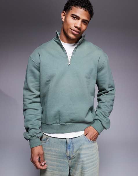 ASOS DESIGN premium boxy oversized quarter zip sweatshirt in 400gsm mid green - view 1