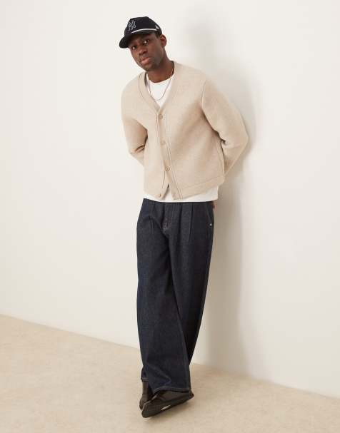 ASOS DESIGN Premium boxy oversized scuba felt cardigan in oatmeal marl - view 1