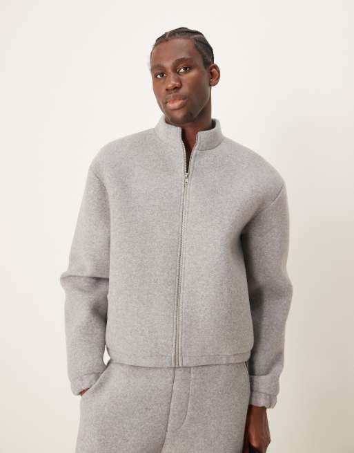 ASOS DESIGN Premium boxy oversized scuba-style fabric felt zip up track jacket in gray heather, 2 of 4