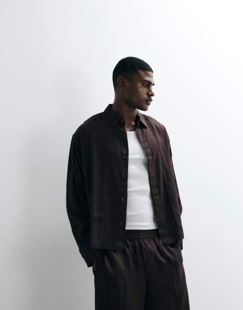 ASOS DESIGN premium boxy oversized shirt in brown - part of a set - view 1