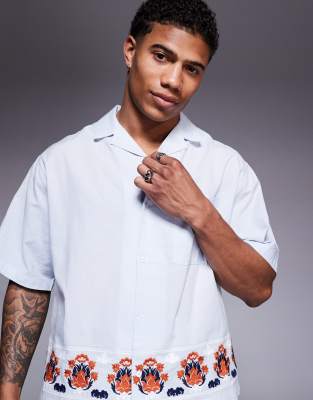 Asos Design Premium Boxy Oversized Shirt With Embroidery In Blue