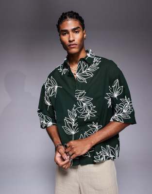 Asos Design Premium Boxy Oversized Shirt With Embroidery In Green