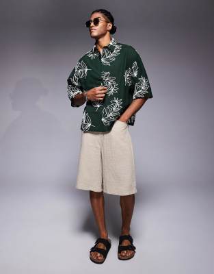 ASOS DESIGN premium boxy oversized shirt with embroidery in green