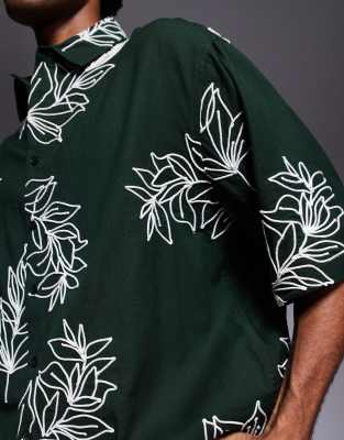 ASOS DESIGN premium boxy oversized shirt with embroidery in green