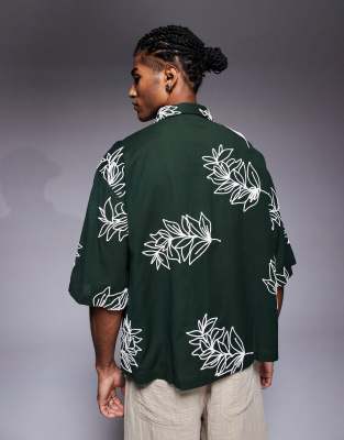 ASOS DESIGN premium boxy oversized shirt with embroidery in green