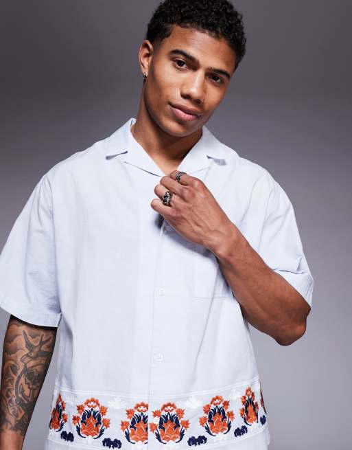 ASOS DESIGN premium boxy oversized shirt with embroidery in light blue