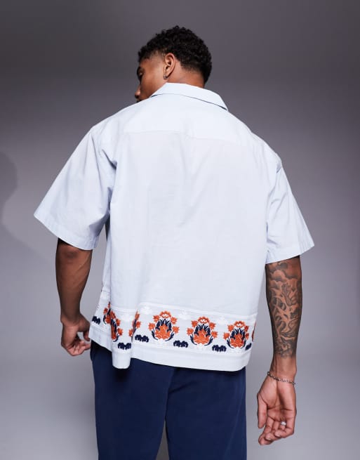 ASOS DESIGN premium boxy oversized shirt with embroidery in light blue
