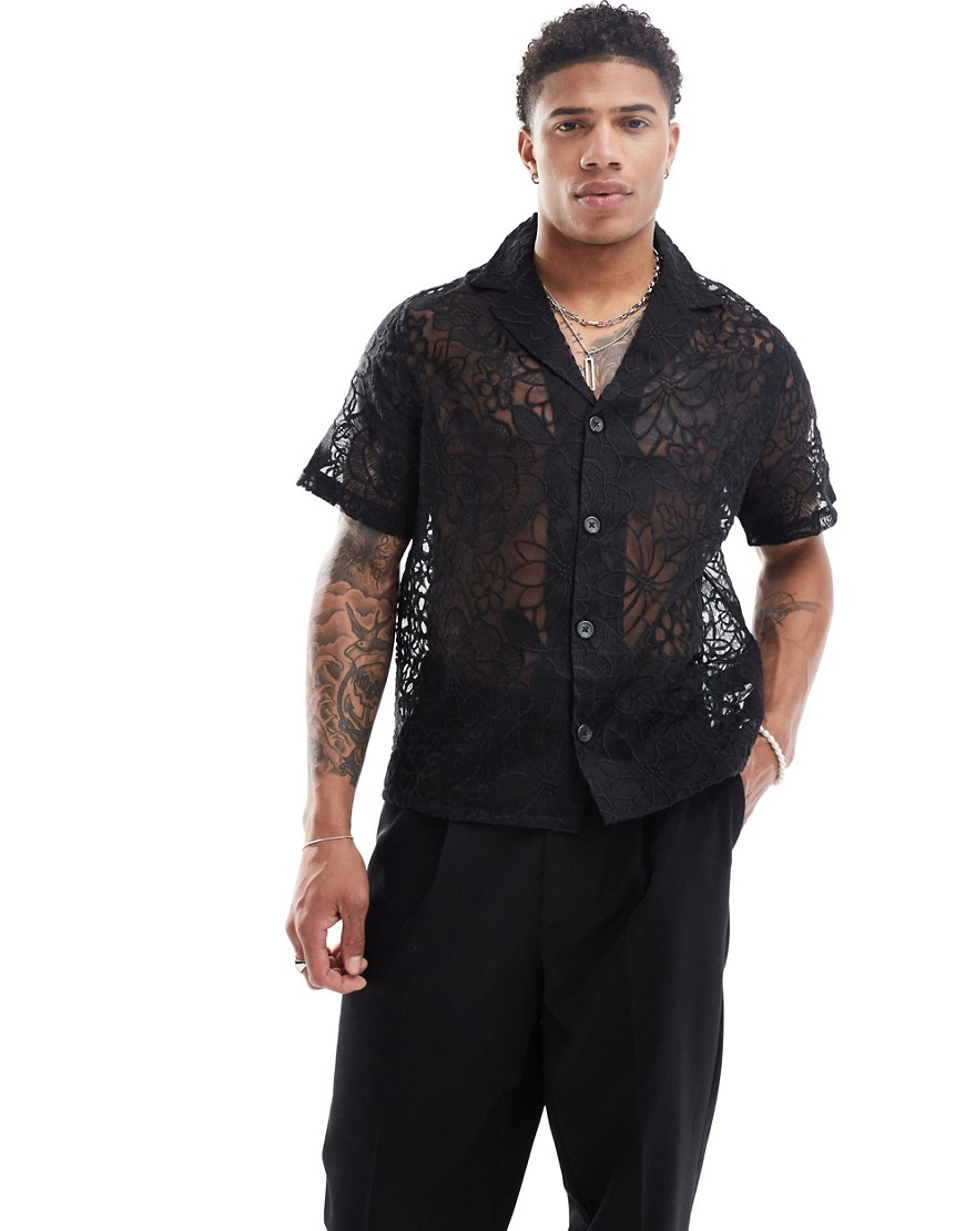 Asos Design Premium Boxy Relaxed Deep Revere All Over Embroidered Shirt In Black