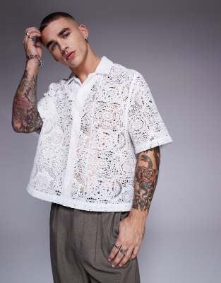 ASOS DESIGN ASOS DESIGN premium boxy relaxed revere shirt in white lace-Green