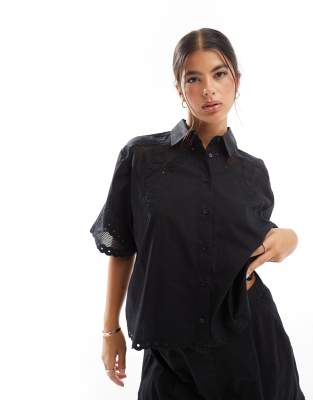 Asos Design Premium Boxy Shirt With Cutwork Detail In Black - Part Of A Set