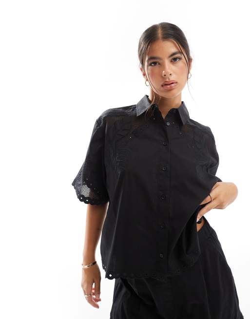 ASOS DESIGN premium boxy shirt with cutwork detail in black - part of a set