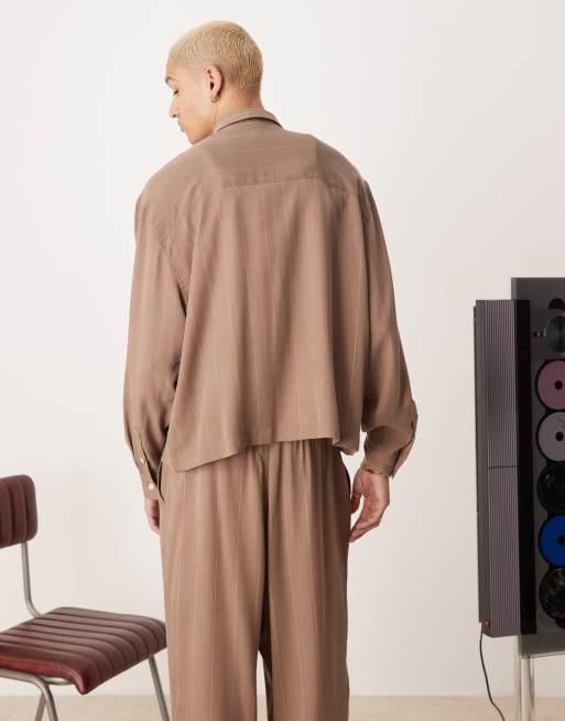 ASOS DESIGN Premium – Brązowa krótka koszula oversize w paski, część zestawu, 4 z 4