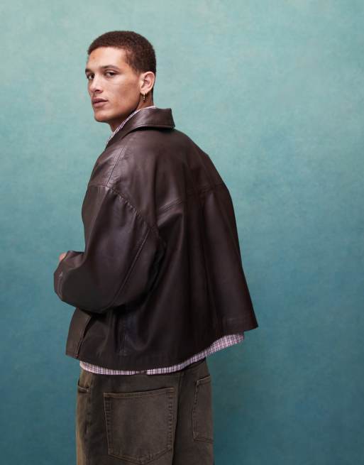 ASOS DESIGN Premium – Brązowa krótka kurtka harrington oversize ze skóry naturalnej, 3 z 4