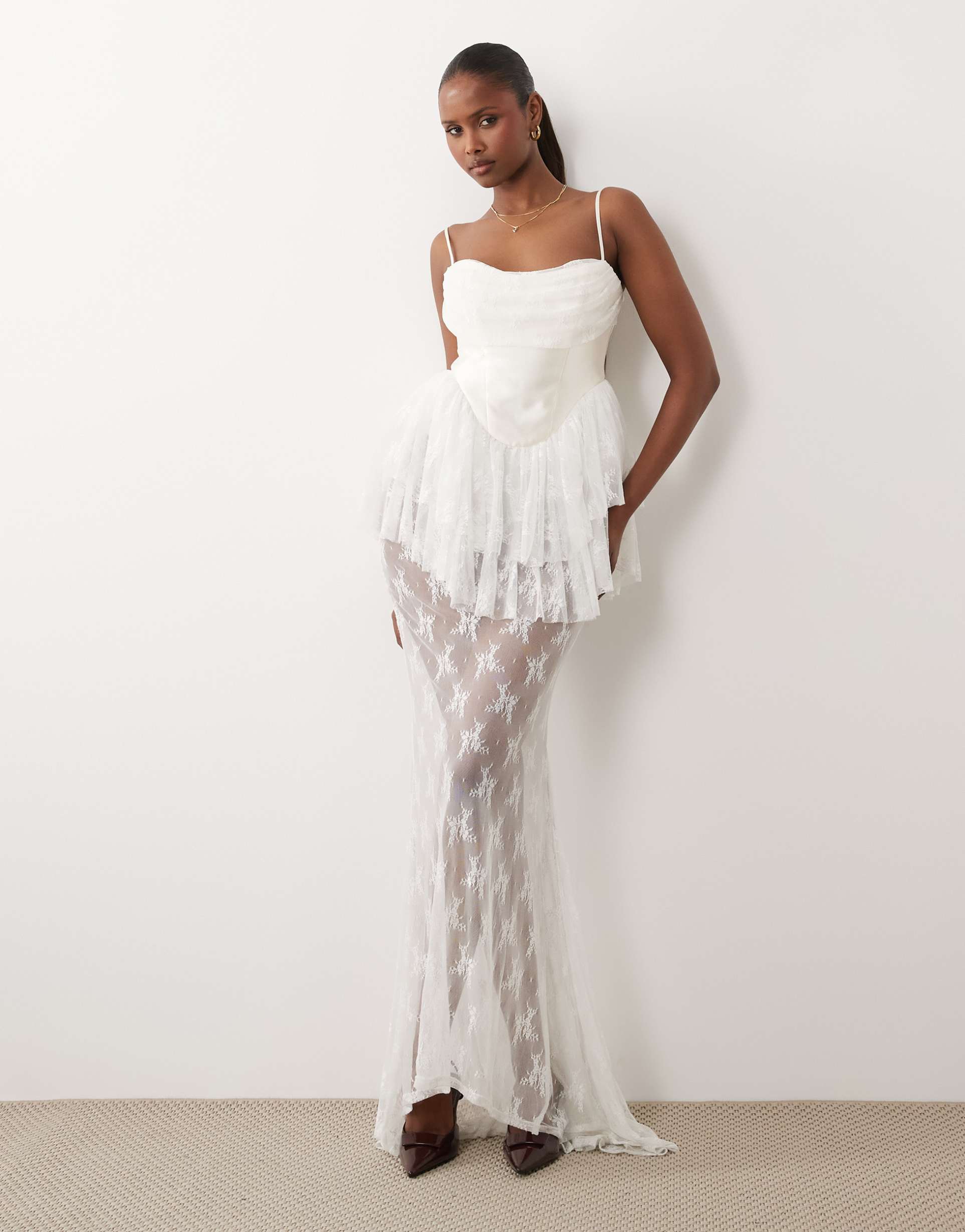 asos design premium bridal satin corset lace mix maxi dress in cream