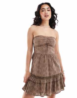 ASOS DESIGN premium broderie bandeau mini sundress with button down corset detail in chocolate brown