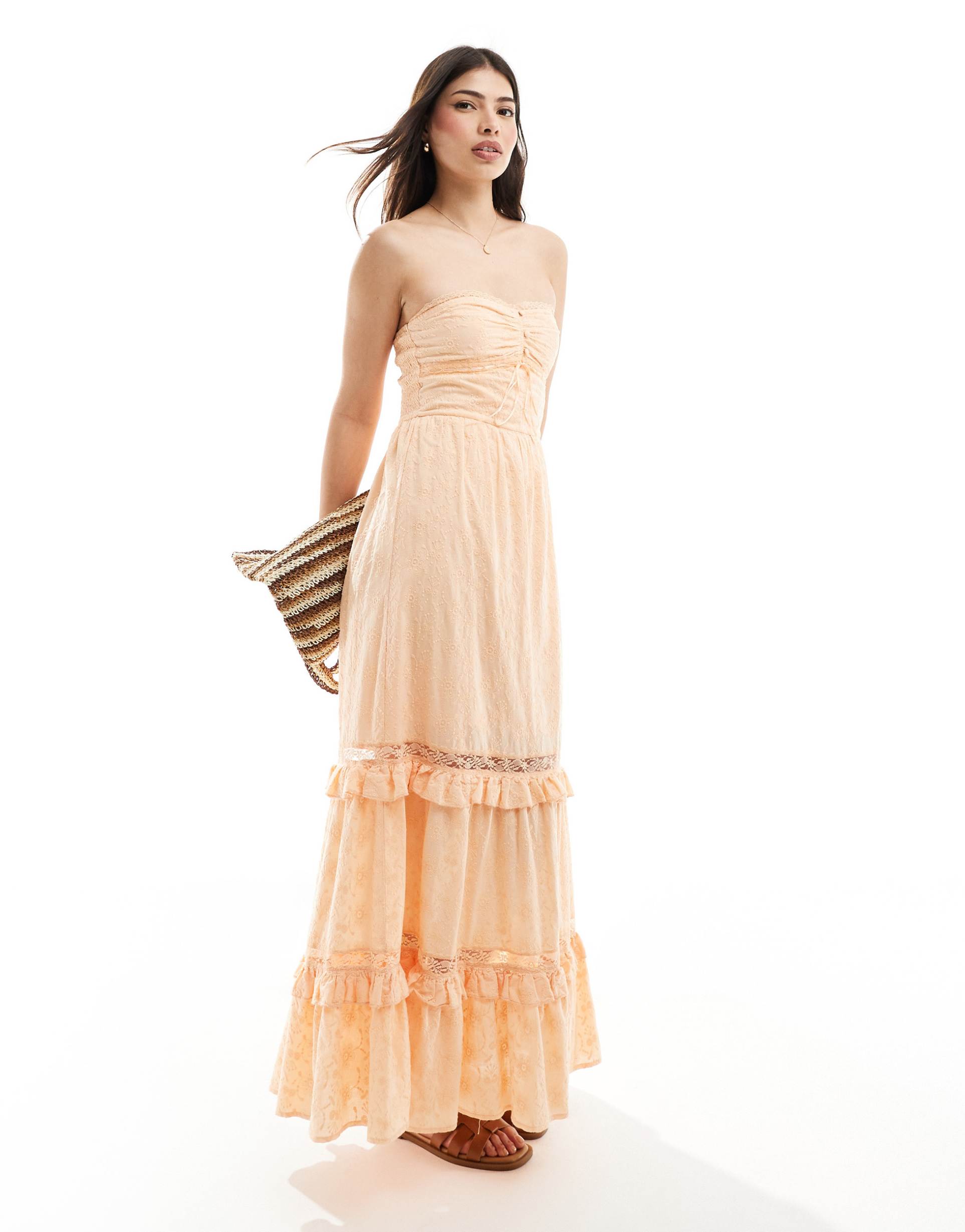 asos design premium broderie bandeau sundress with button down corset detail in hot peach