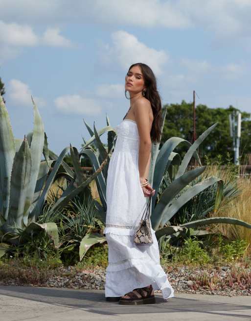 ASOS DESIGN premium broderie bandeau sundress with button down corset detail in white