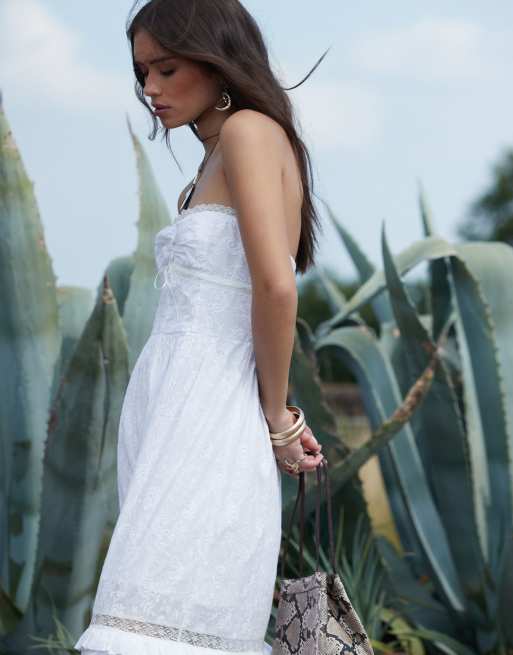 ASOS DESIGN premium eyelet bandeau sundress with button down corset detail in white