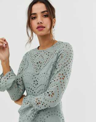 asos design premium broderie maxi dress with pep hem and fluted sleeves