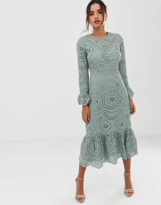 asos design premium broderie maxi dress with pep hem and fluted sleeves