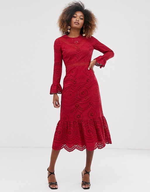 ASOS DESIGN PREMIUM broderie maxi dress with pep hem and fluted sleeves