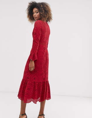 asos design premium broderie maxi dress with pep hem and fluted sleeves