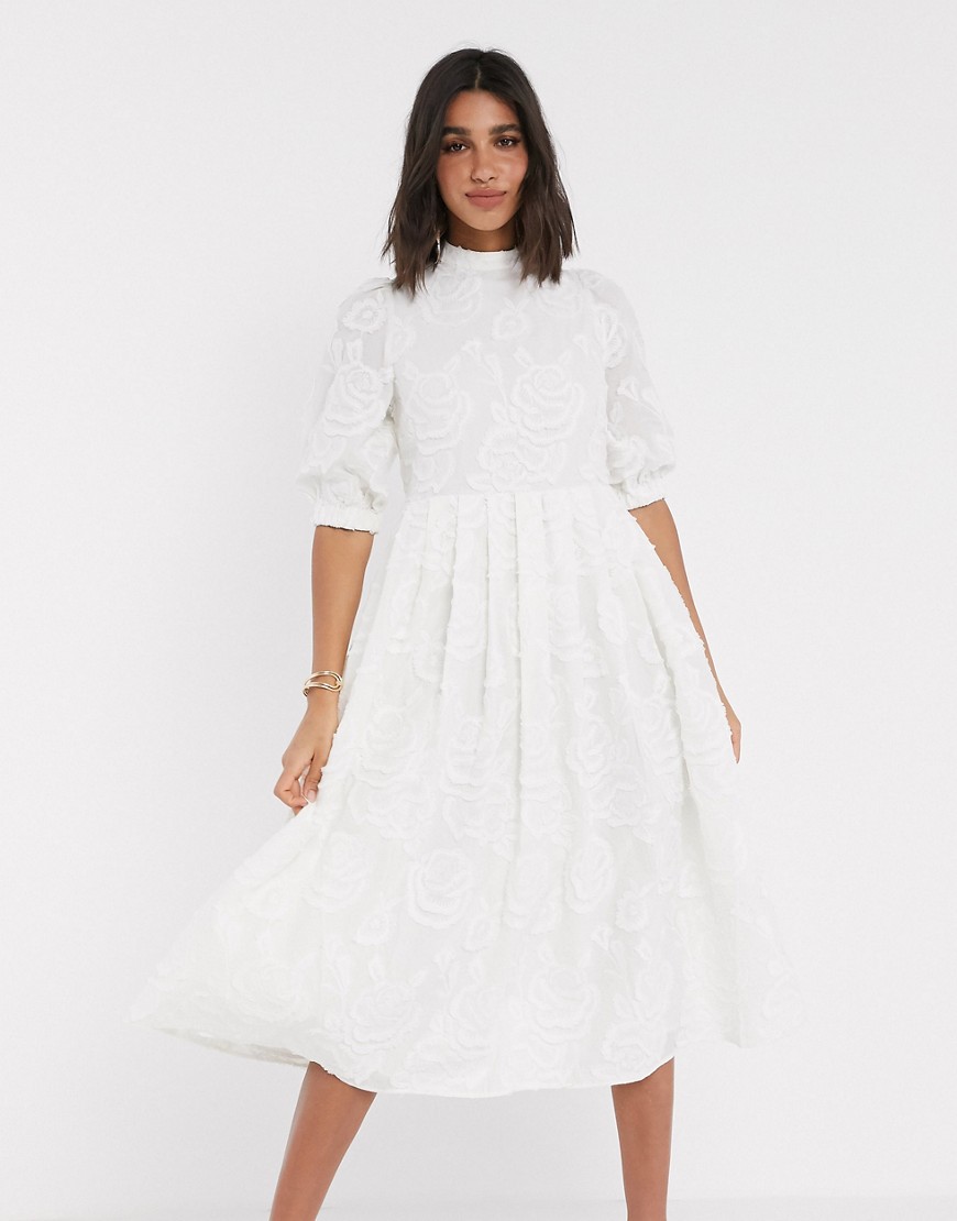 ASOS DESIGN Premium broderie midi smock dress with lace up back in cream