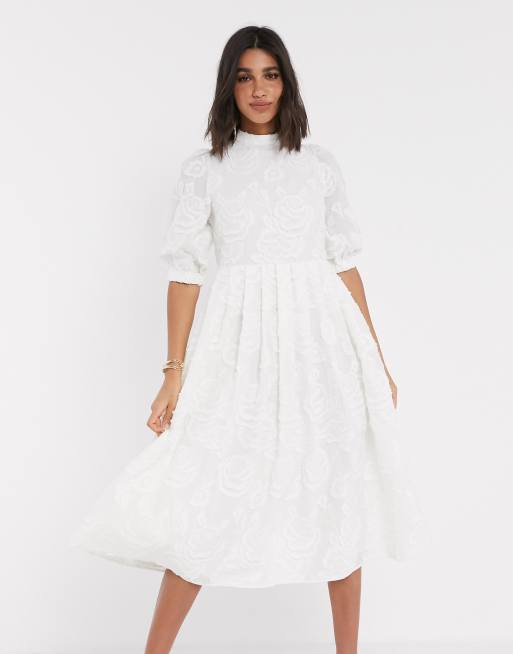 ASOS DESIGN Premium broderie midi smock dress with lace up back in cream