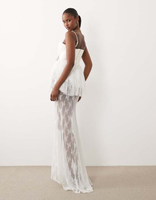ASOS DESIGN - Premium - Bruidskleding - Maxi korsetjurk van satijn en kant in crème, 4 van 4