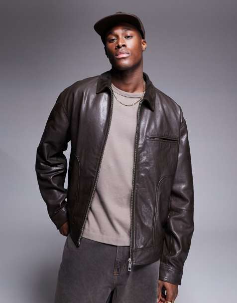 ASOS DESIGN – Premium – Brun Harrington-jacka i äkta läder med mockakrage - view 1