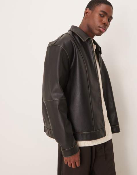 ASOS DESIGN – Premium – Brun harrington-jacka i läderimitation - view 1