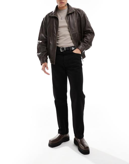 ASOS DESIGN - Premium - Brun Harrington-jakke med ståkrave i ægte læder, 2 af 4