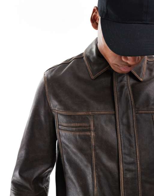 ASOS DESIGN – Premium – Brun jacka av äkta läder i cowboystil, 4 av 4