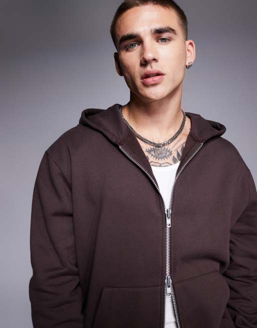 ASOS DESIGN – Premium – Brun, kraftig huvtröja i oversize med dragkedja, 400gsm, 3 av 4