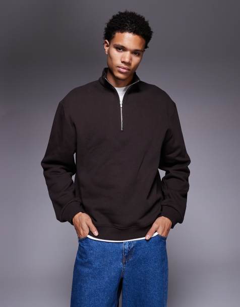 ASOS DESIGN – Premium – Brun, kraftig sweatshirt med kort dragkedja, 400gsm - view 1